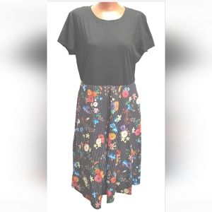 Oxiuly Round Neck Black T-Shirt Dress Black Floral Striped Midi Woman Plus 2X